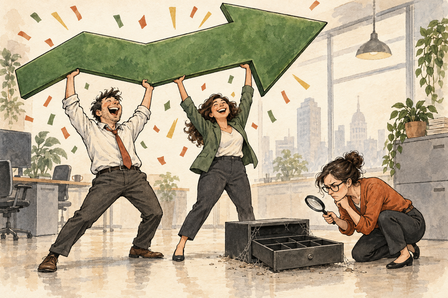 Office workers celebrate a giant upward arrow while a colleague inspects an empty cash drawer. AI-generated editorial cartoon.