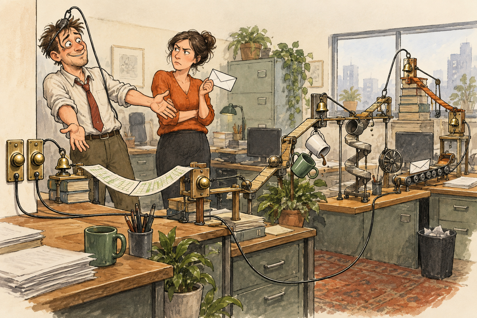 An engineer proudly presents a tangled chain of office doorbells to deliver one message. AI-generated editorial cartoon.