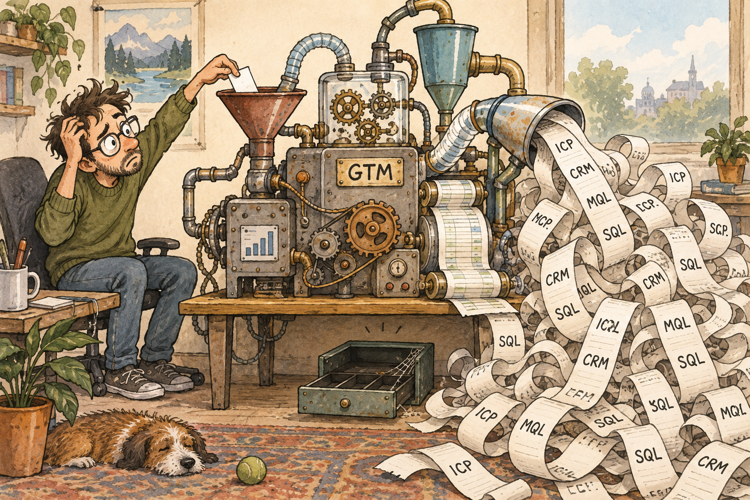 An engineer feeds a business card into a GTM machine that produces a mountain of acronyms and no money. AI-generated editorial cartoon.