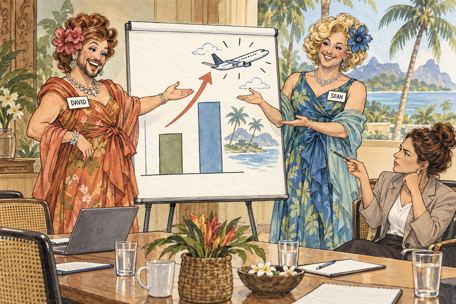 Fictional David and Sean in glamorous costume-party outfits present a chart that leaps from two bars to an airplane, while a colleague questions the reasoning. AI-generated editorial cartoon, not portraits.
