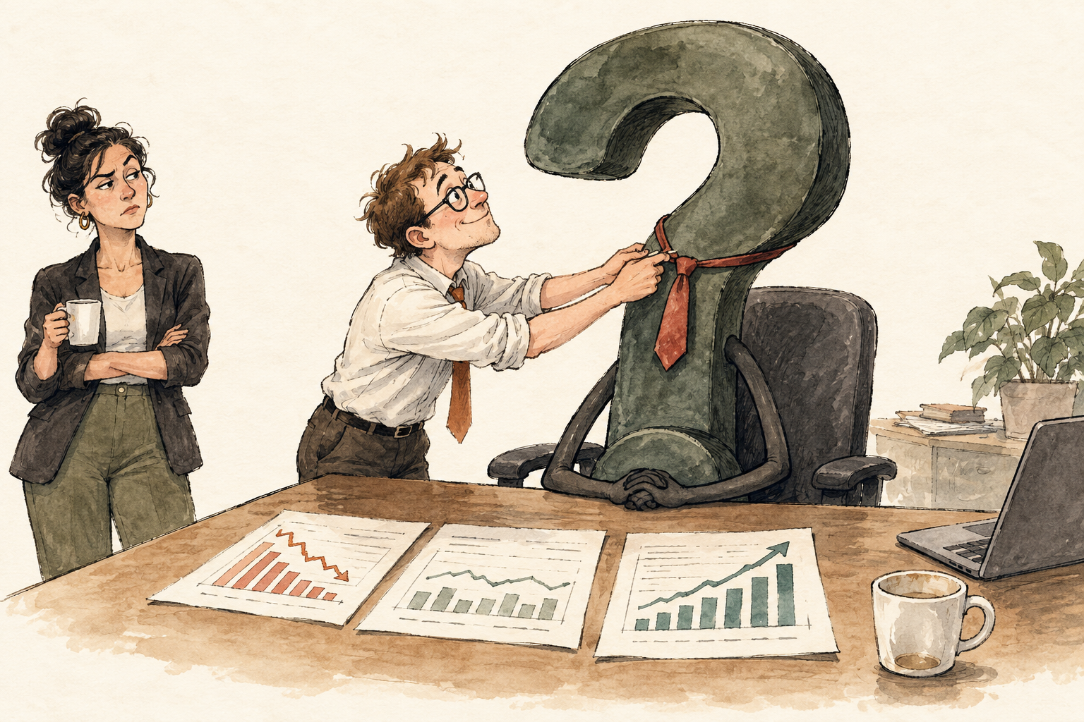 An earnest worker gives a giant question mark a necktie while a skeptical colleague watches. AI-generated editorial cartoon.