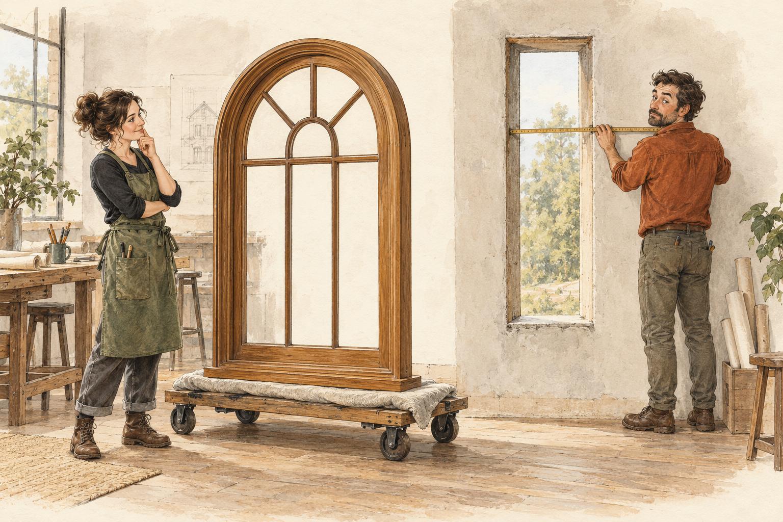 A beautifully made arched window arrives beside a rectangular opening it cannot fit; two designers compare the result with the actual requirement. AI-generated editorial illustration.