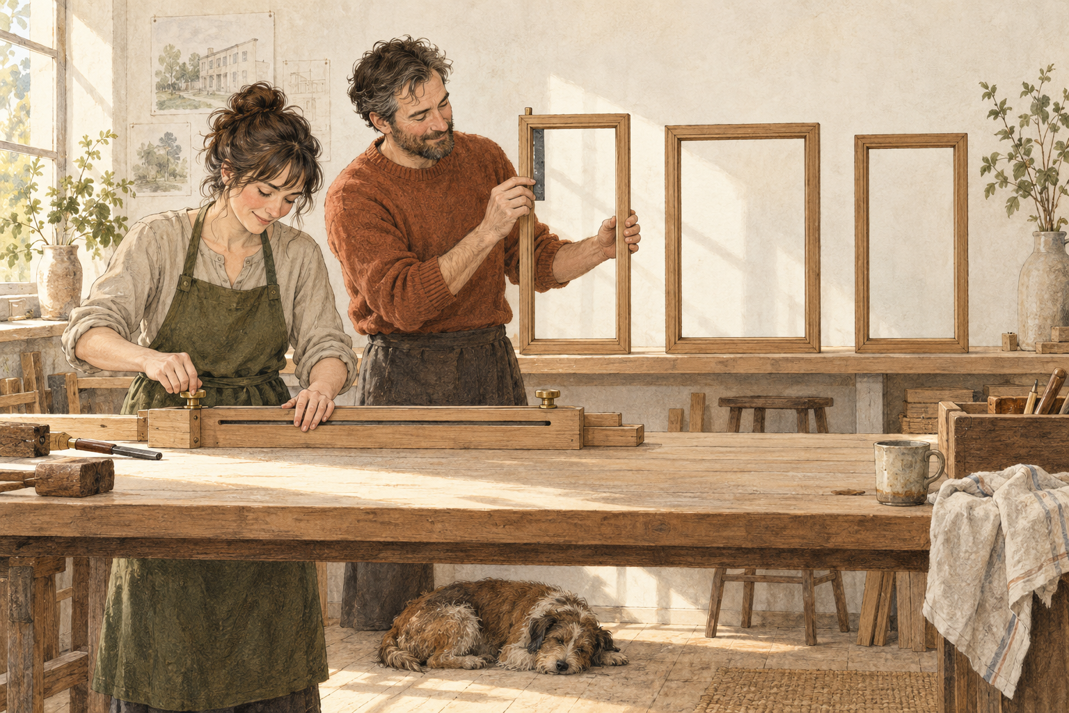 Two craftspeople use one adjustable jig to make related window frames with different widths and consistent frame thickness. AI-generated editorial illustration.