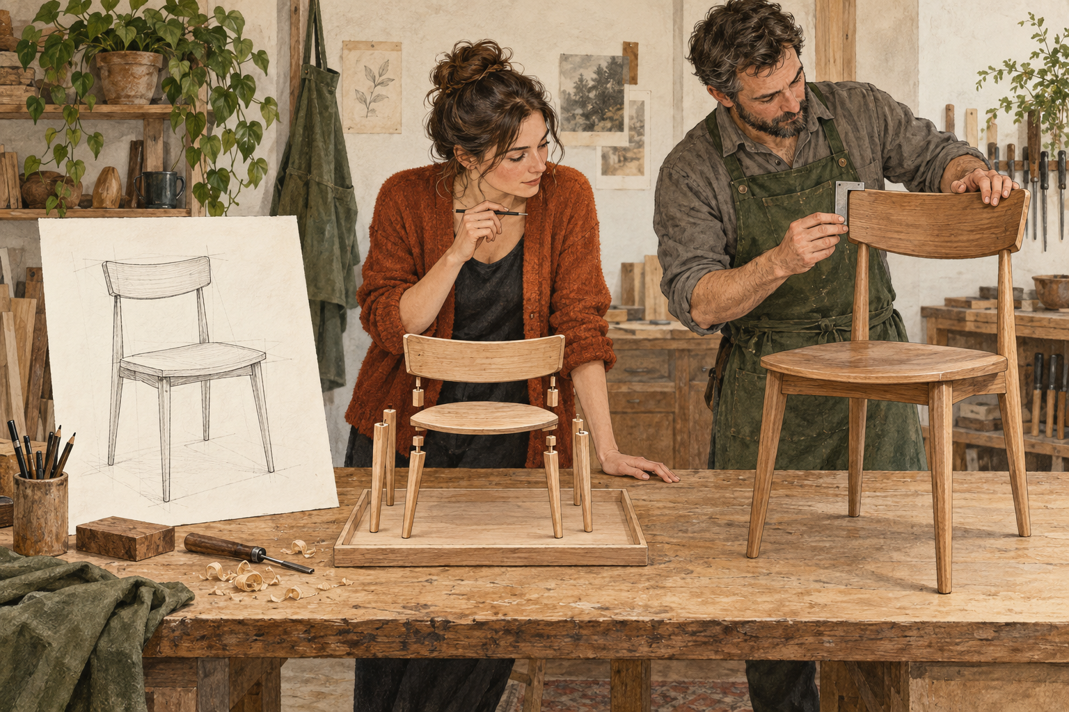 A designer and a maker compare a chair sketch, an exploded study model, and an assembled wooden chair in an atelier. AI-generated editorial illustration.