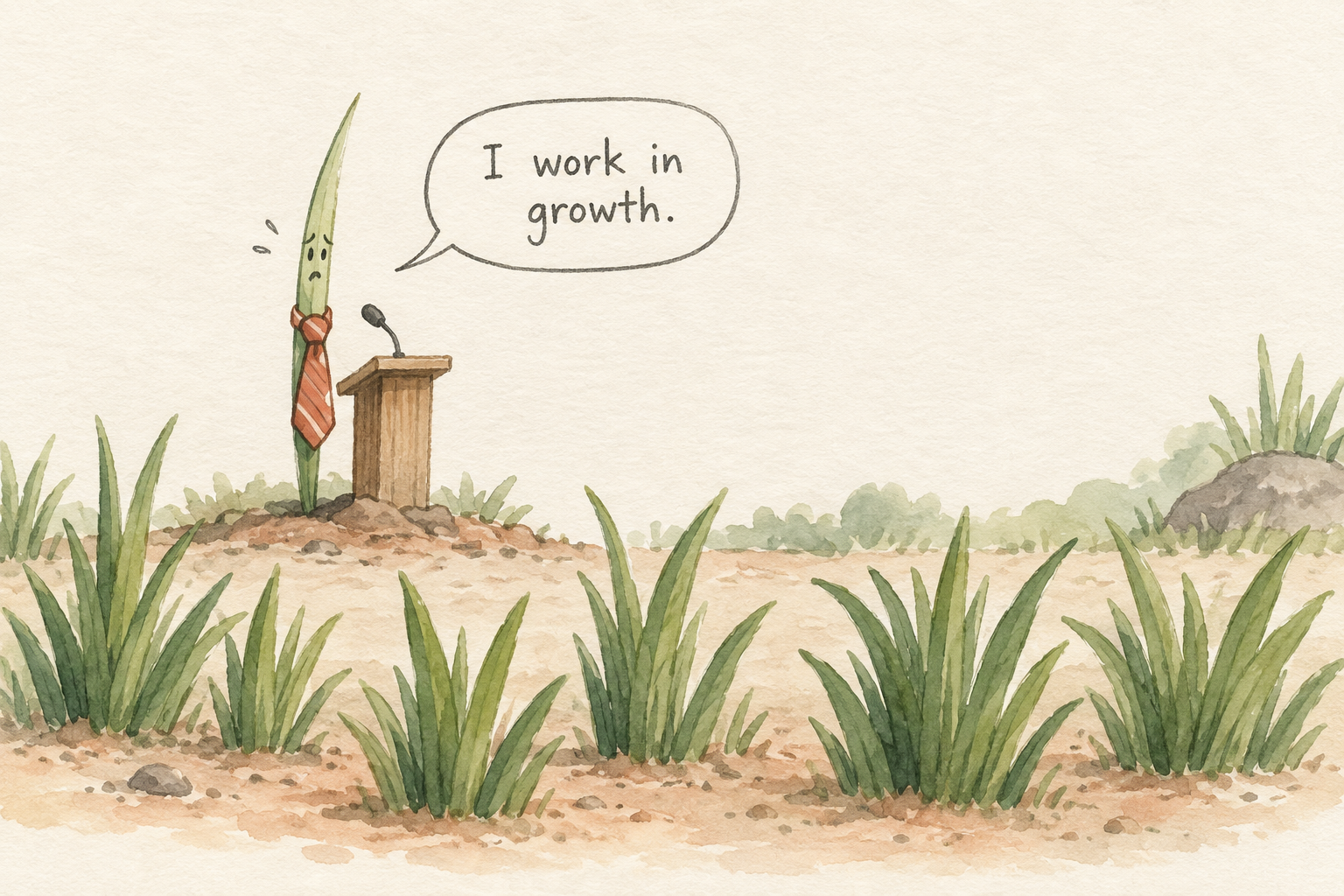 An illustrated blade in a tie tells a gathering of grass: I work in growth. AI-generated watercolor joke.