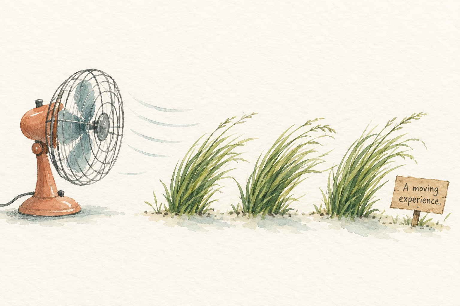 A desk fan blows three grass tufts beside a sign: A moving experience. AI-generated watercolor joke.
