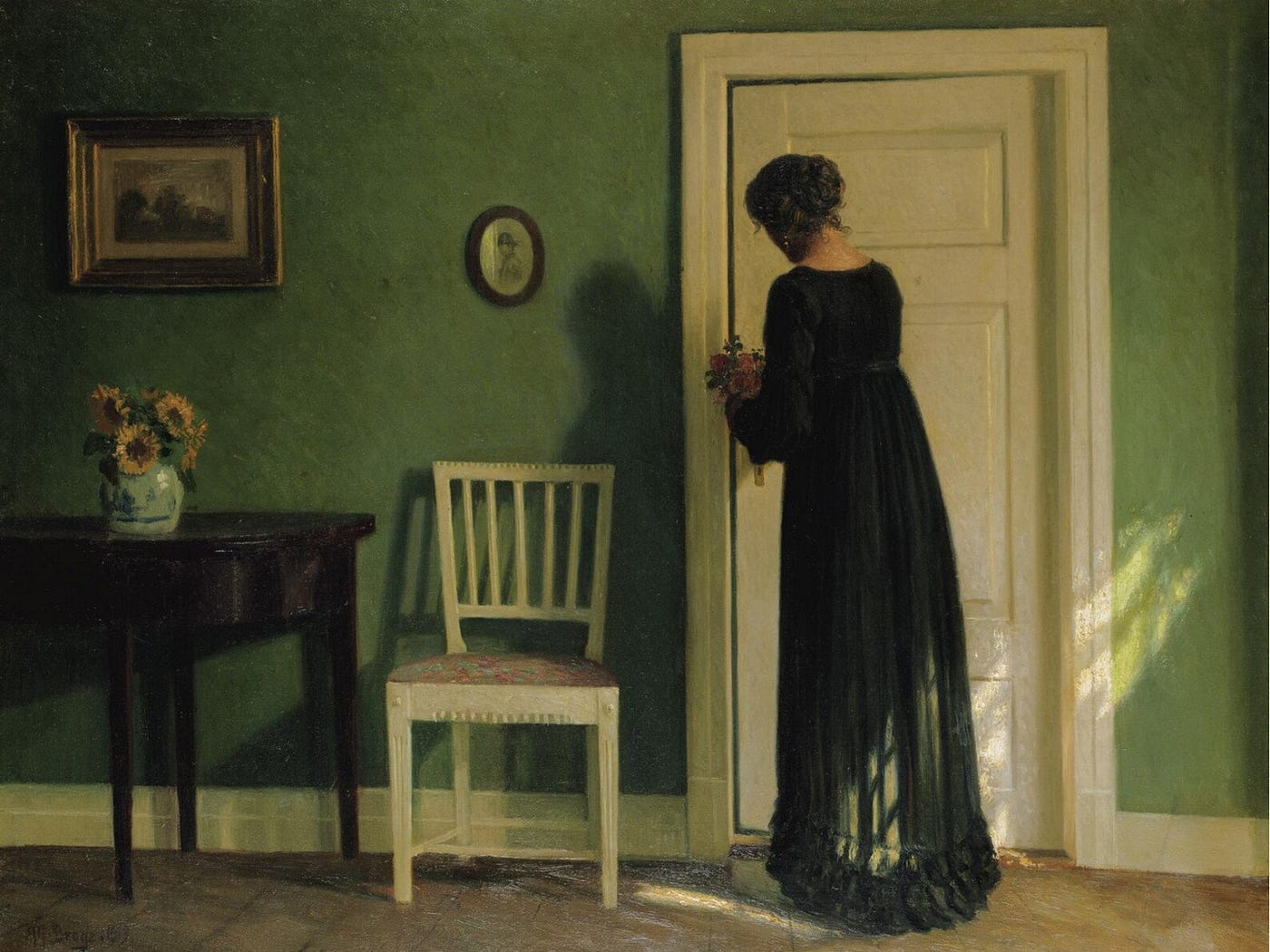 Morning Sunlight by Alfred Broge: a woman stands in a sunlit doorway.