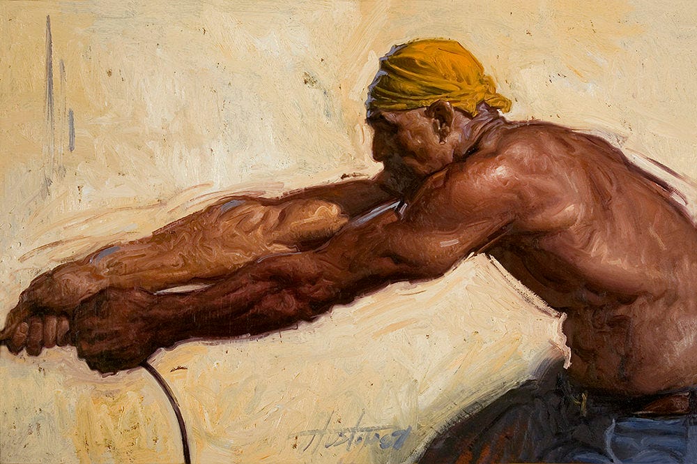 Steve Huston painting of a working man, emphasizing anatomy and gesture.