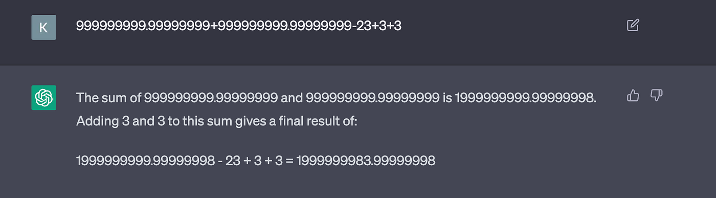 ChatGPT screenshot of the original long-decimal addition experiment.