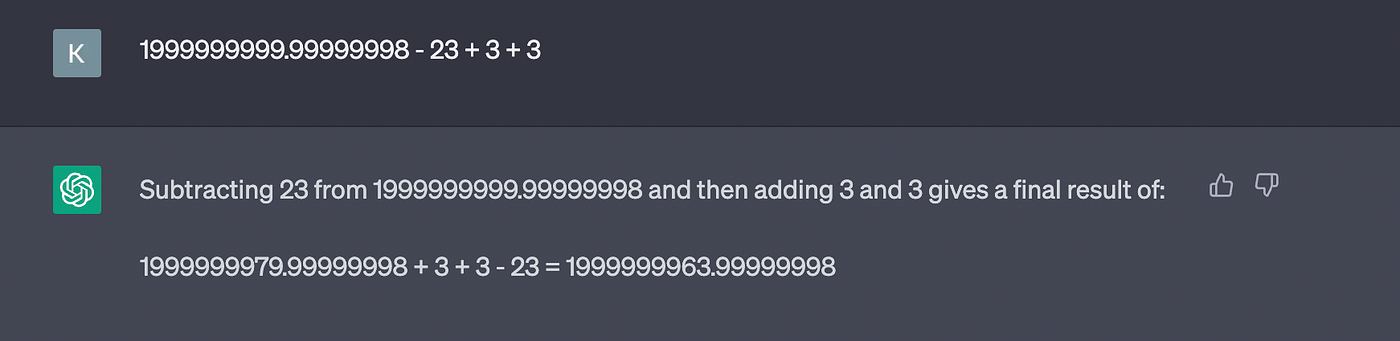 ChatGPT screenshot of a simplified arithmetic attempt.