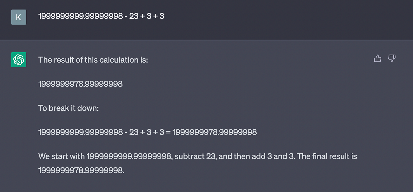 ChatGPT screenshot of another arithmetic attempt in a new session.