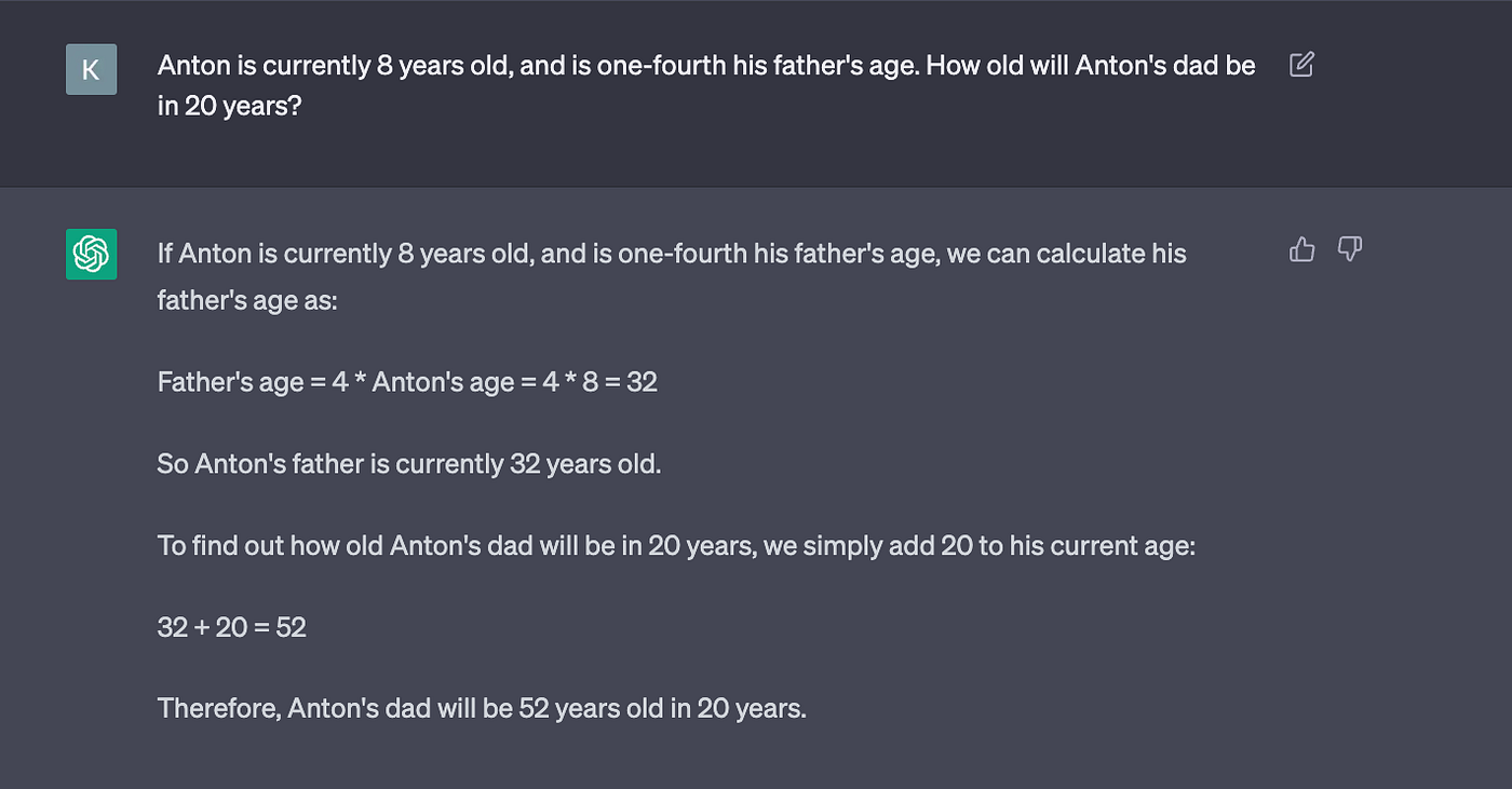 ChatGPT response to a simple father-and-son age problem.
