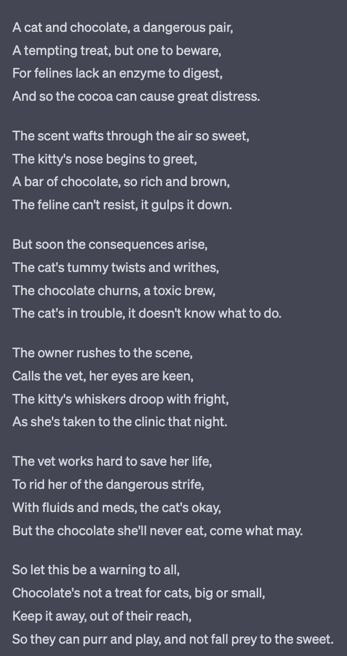 ChatGPT’s poem about cats and chocolate.